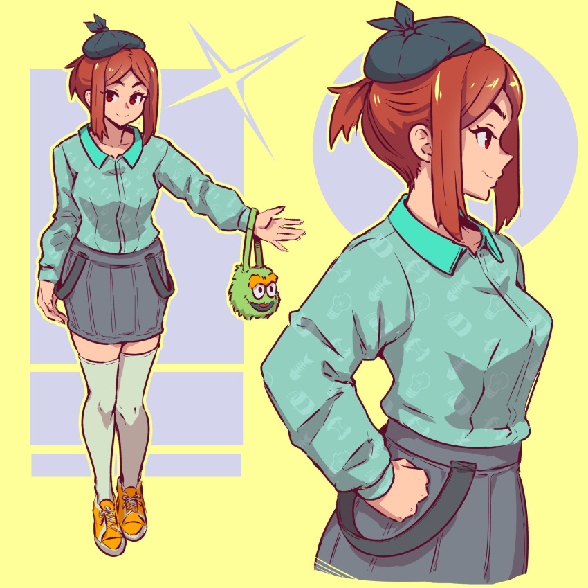 1girl, akairiot, aqua_shirt, beret, black_headwear, brown_hair, collared_shirt, green_bag