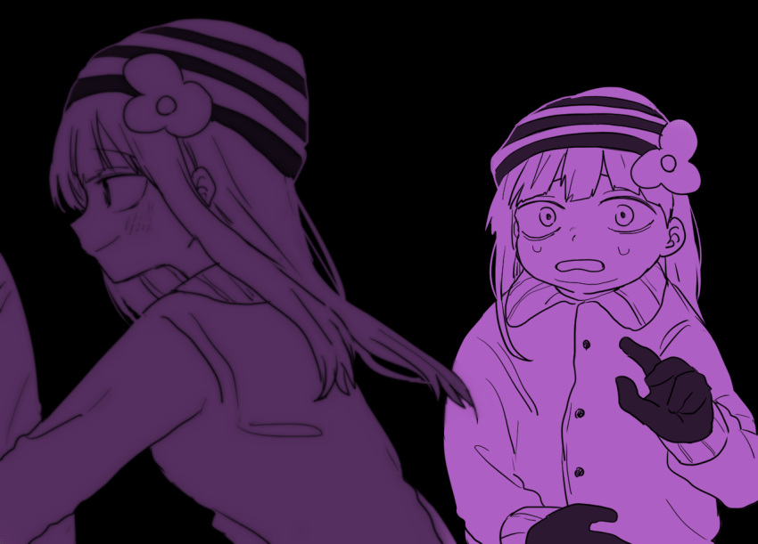 2girls, bangs, beanie, blunt_bangs, chiaki_(chika-0803), dual_persona, fat, flower
