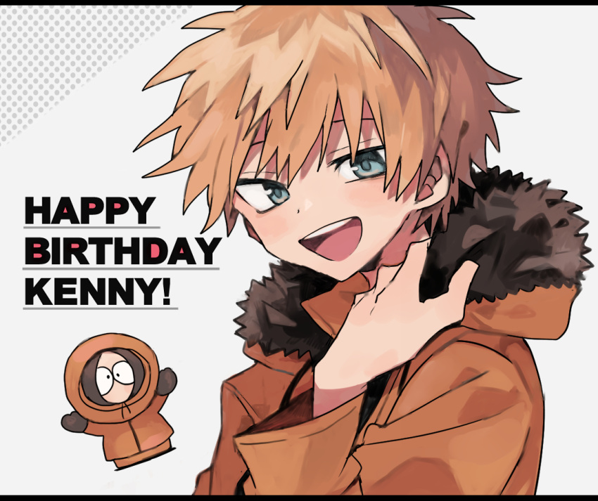 1boy, blonde_hair, blue_eyes, chiaki_(chika-0803), happy_birthday, hood, hood_down, kenny_mccormick, open_mouth, parka, short_hair, smile, solo, south_park