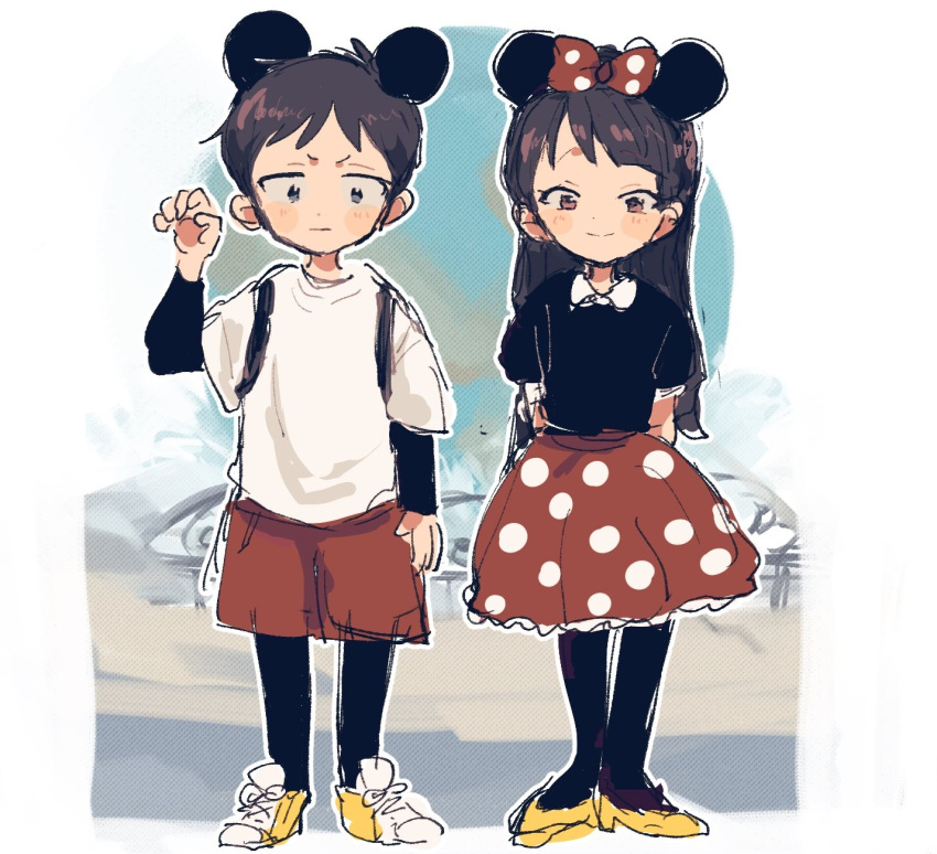 1boy, 1girl, animal_ears, black_hair, bow, cosplay, disney, highres