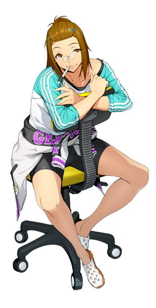 1girl, bangs_pinned_back, bike_shorts, brown_eyes, brown_hair, clothes_around_waist, clothes_writing, crocs