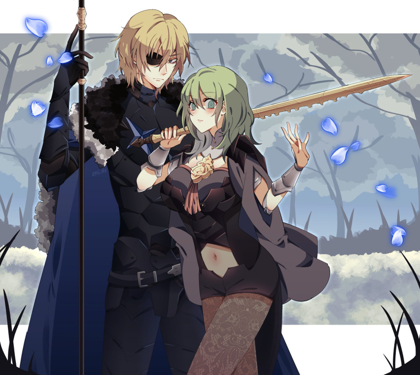 1boy, 1girl, armor, artist_name, blonde_hair, blue_eyes, byleth_(fire_emblem), byleth_eisner_(female), cape, closed_mouth, clothing_cutout, commentary, damaged, dimitri_alexandre_blaiddyd, eine_(eine_dx), english_commentary, eyebrows_visible_through_hair, eyepatch, fire_emblem, fire_emblem:_three_houses, fur_trim, gloves, green_eyes, green_hair, highres, holding, holding_polearm, holding_sword, holding_weapon, long_hair, long_sleeves, navel, navel_cutout, outdoors, pantyhose, petals, polearm, sword, sword_of_the_creator, weapon, white_background