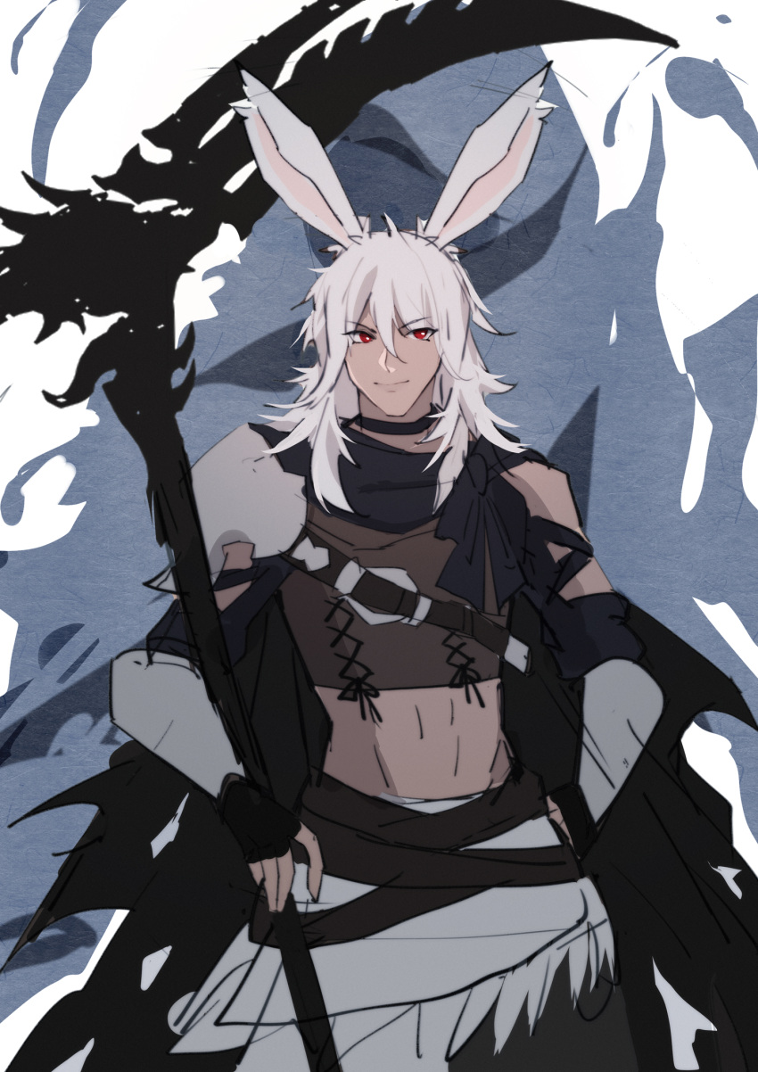 1boy, animal_ears, cloak, crop_top, dark_skin, final_fantasy, final_fantasy_xiv, fingerless_gloves
