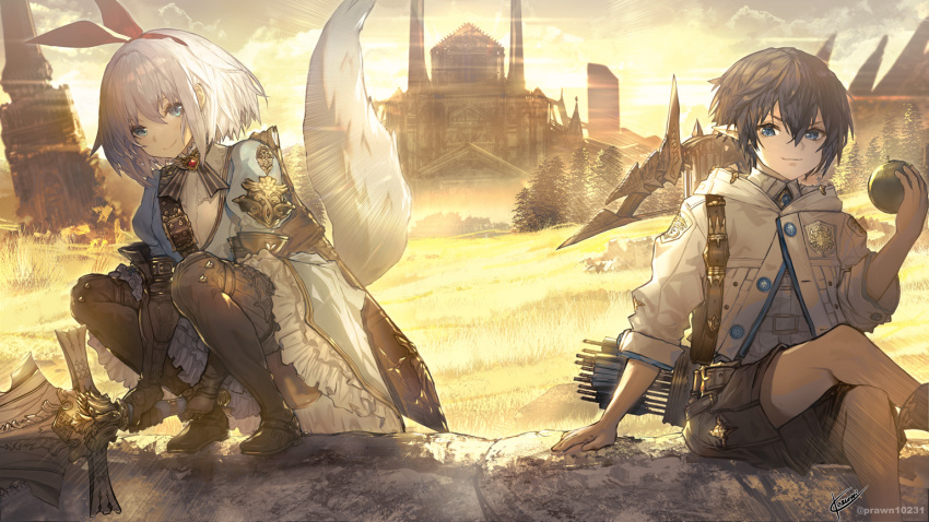 1boy, 1girl, big_hair, black_hair, blue_eyes, boots, crossbow, fantasy