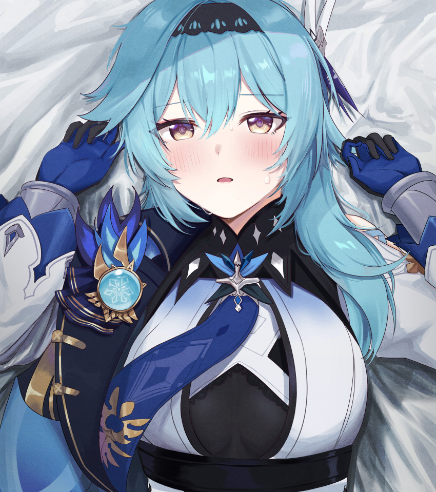 1girl, absurdres, arm_up, bangs, bed_sheet, blue_gloves, blue_hair, blue_neckwear