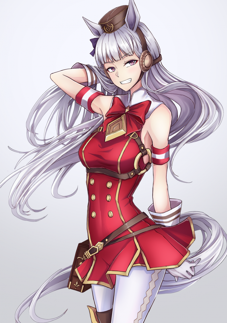1girl, animal_ears, arm_behind_head, armband, bangs, blunt_bangs, cowboy_shot, dress