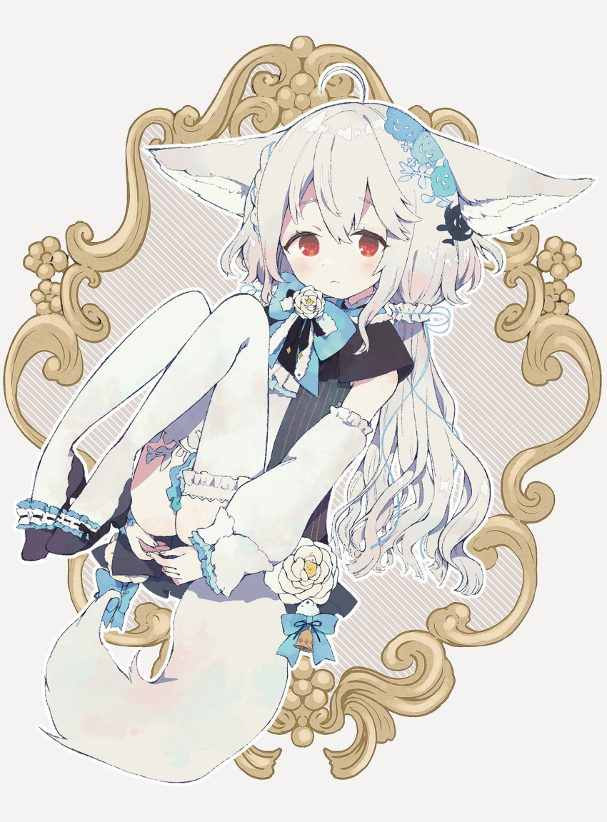 1girl, ahoge, animal_ears, bare_shoulders, commentary_request, commission, dress, fox_ears