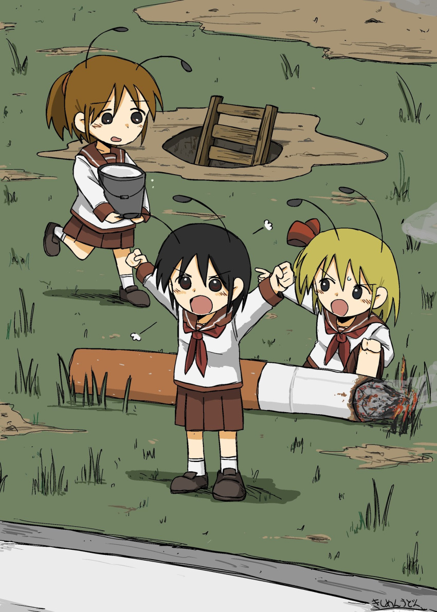 3girls, ant_girl, black_hair, blonde_hair, brown_hair, cigarette, grass, hair_ribbon