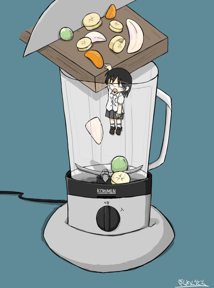 1girl, black_hair, blender, blue_background, closed_eyes, grey_skirt, highres, kishimen_udn