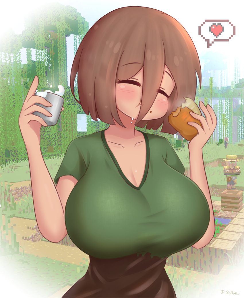 1girl, blush, bob_cut, bread, breasts, closed_eyes, cup, curvy