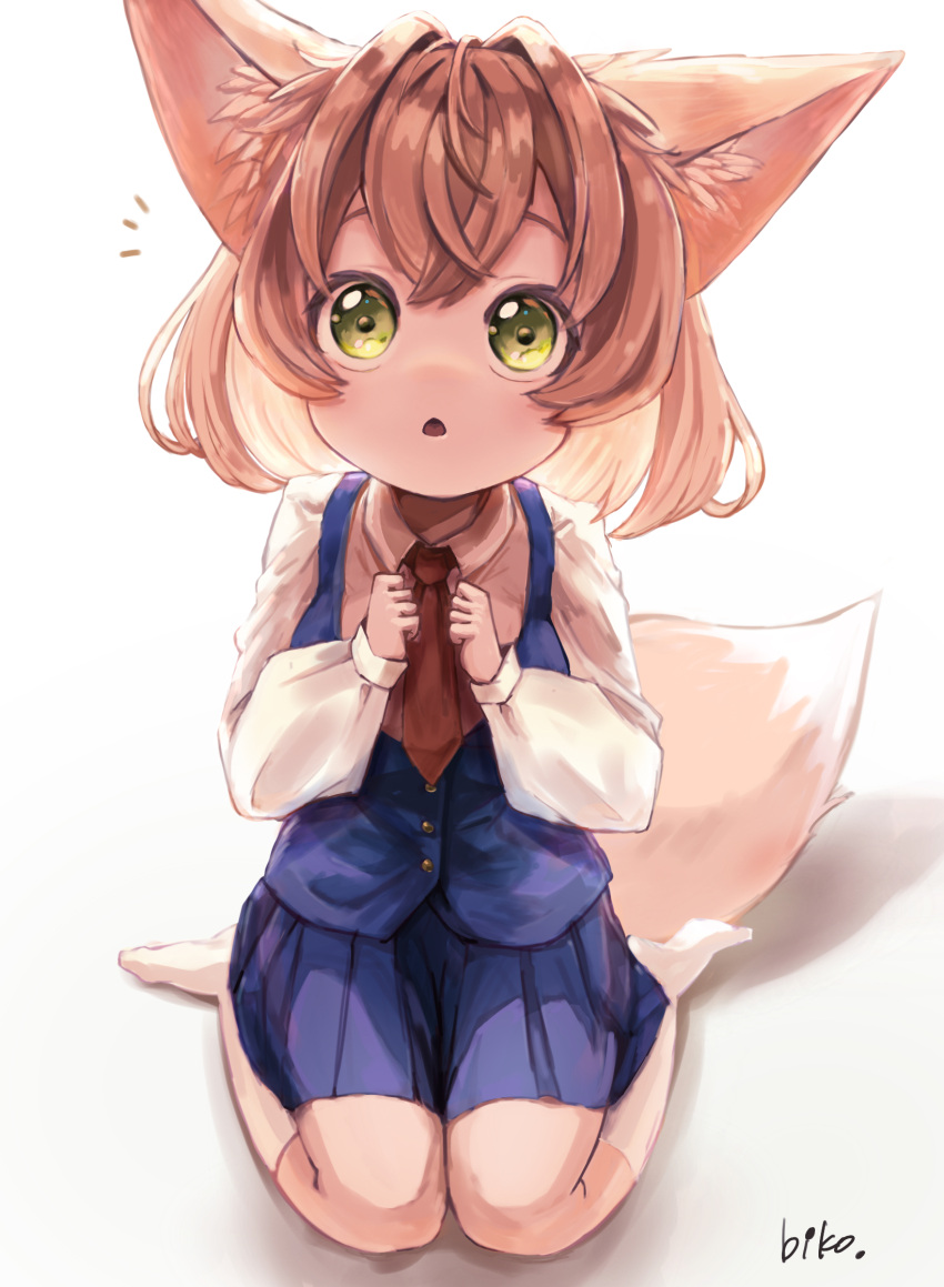 1girl, :o, animal_ear_fluff, animal_ears, blue_skirt, blue_vest, child, fox_ears