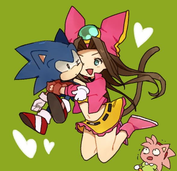 1boy, 2girls, amy_rose, animal_ears, belt, black_choker, blue_fur, blue_hair, blush, body_fur, brown_gloves, brown_hair, bukiko, cat_girl, cat_tail, cheek-to-cheek, choker, closed_mouth, constricted_pupils, crop_top, cropped_jacket, emerald_(gemstone), eye_contact, frilled_skirt, frills, furry, gem, gloves, green_background, green_eyes, green_shirt, hair_intakes, hairband, happy, heart, hug, hug_from_behind, jacket, jumping, light_blush, long_hair, long_sleeves, looking_at_another, midriff, miniskirt, multiple_girls, navel, one_eye_closed, open_clothes, open_jacket, open_mouth, pink_footwear, pink_fur, pink_hair, pink_headwear, pink_jacket, red_footwear, red_hairband, sara_(sonic), shiny, shiny_hair, shirt, shoes, short_sleeves, simple_background, skirt, smile, socks, sonic_(series), sonic_the_hedgehog, sonic_the_hedgehog:_the_movie, sonic_the_hedgehog_(classic), stomach, tail, third-party_edit, trembling, two-tone_fur, white_legwear, yellow_fur, yellow_shirt, yellow_skirt