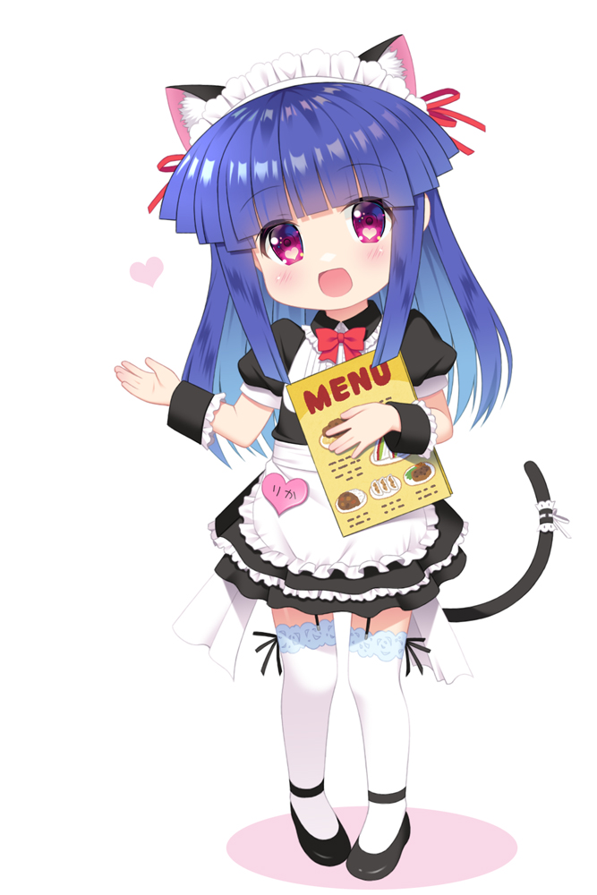 1girl, :d, alternate_costume, animal_ear_fluff, animal_ears, bangs, black_footwear, blue_hair, blunt_bangs, cat_ears, cat_tail, chibi, commentary_request, enmaided, eyebrows_visible_through_hair, full_body, furude_rika, gaou_(babel), garter_straps, heart, heart_in_eye, higurashi_no_naku_koro_ni, long_hair, looking_at_viewer, maid, maid_headdress, menu, name_tag, open_mouth, puffy_short_sleeves, puffy_sleeves, shoes, short_sleeves, simple_background, smile, solo, symbol_in_eye, tail, thigh-highs, violet_eyes, white_background, white_legwear, wrist_cuffs