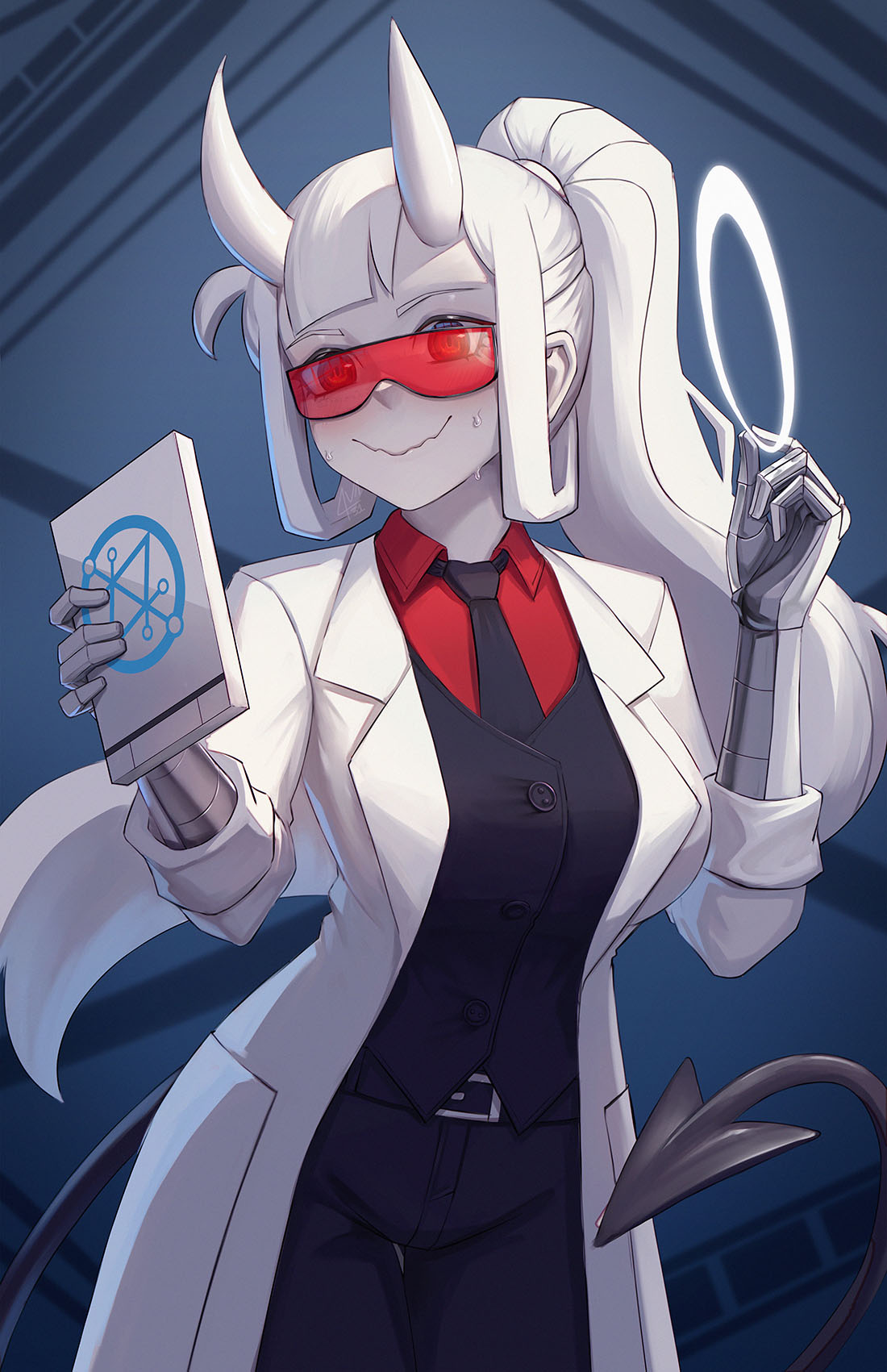 1girl, ava_(ava31), bangs, breasts, clipboard, closed_mouth, coat, cowboy_shot