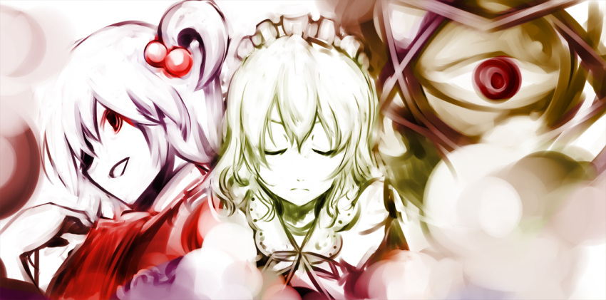 bad_id, blonde_hair, eyes, hair_bobbles, hair_ornament, maid_headdress, mr.milk_caramel, multiple_girls