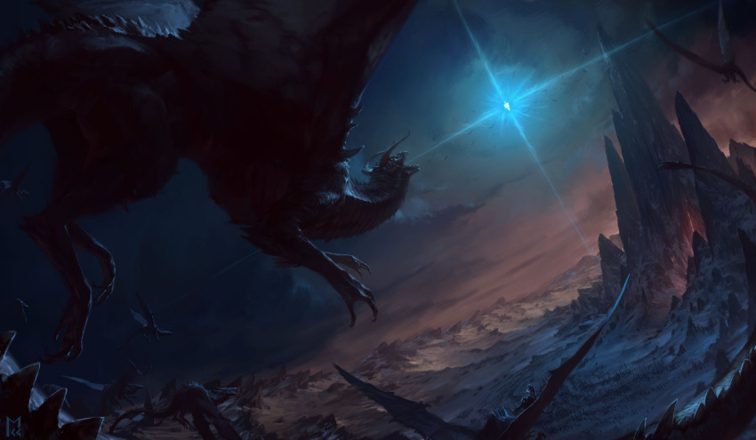 aircraft, airship, ancalagon, clouds, cloudy_sky, commentary, dark, dragon, earendil, english_commentary, giant, giant_monster, highres, manuel_castanon, monster, no_humans, outdoors, scenery, ship, silmarillion, sky, watercraft