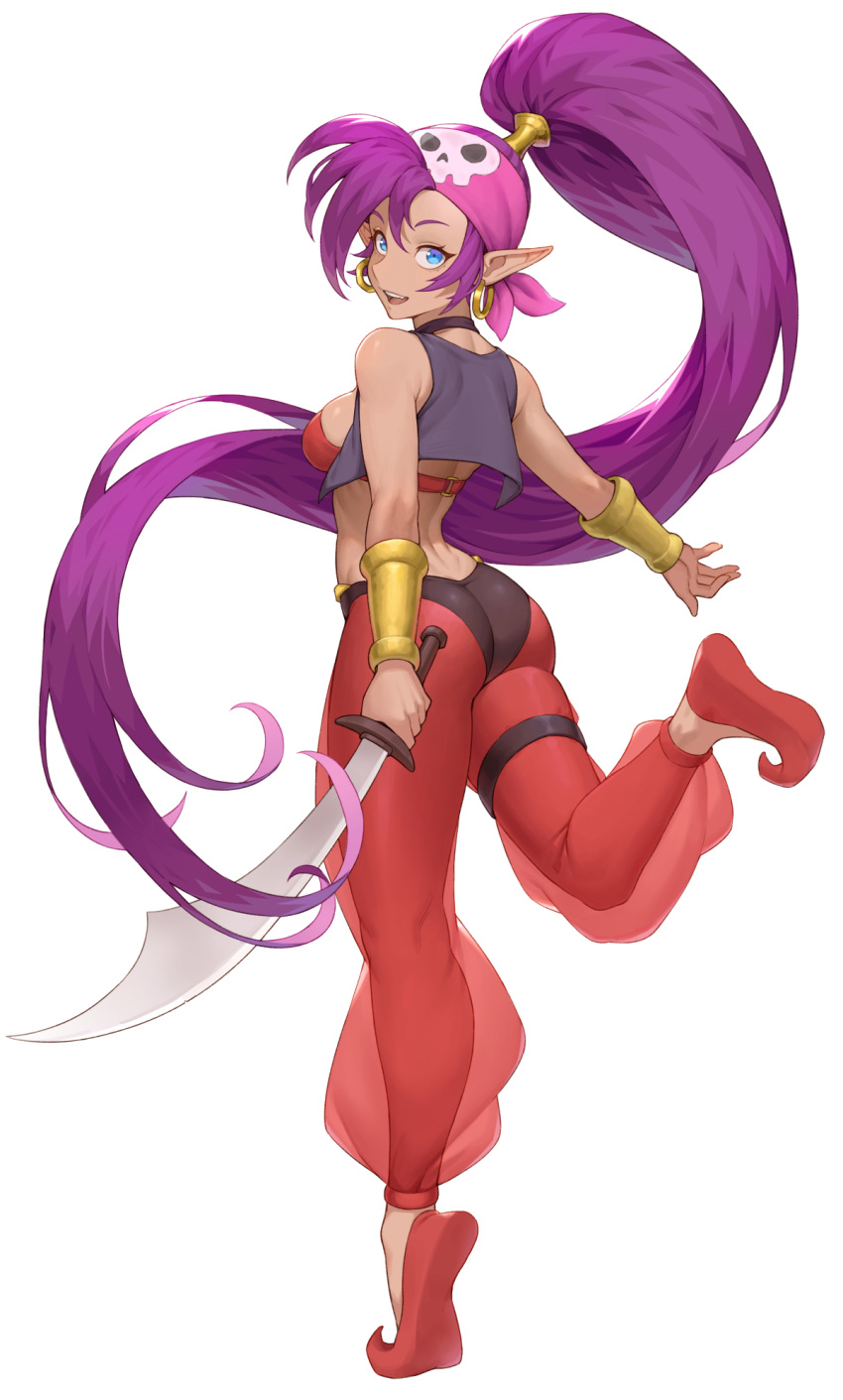 1girl, ass, bandana, black_choker, blue_eyes, breasts, cheshirrr, choker, earrings, from_behind, full_body, highres, holding, holding_sword, holding_weapon, hoop_earrings, jewelry, long_hair, looking_at_viewer, looking_back, medium_breasts, pink_bandana, pointy_ears, ponytail, purple_hair, red_footwear, shantae_(character), shantae_(series), shoes, sideboob, simple_background, skull_and_crossbones, solo, standing, standing_on_one_leg, sword, very_long_hair, weapon, white_background