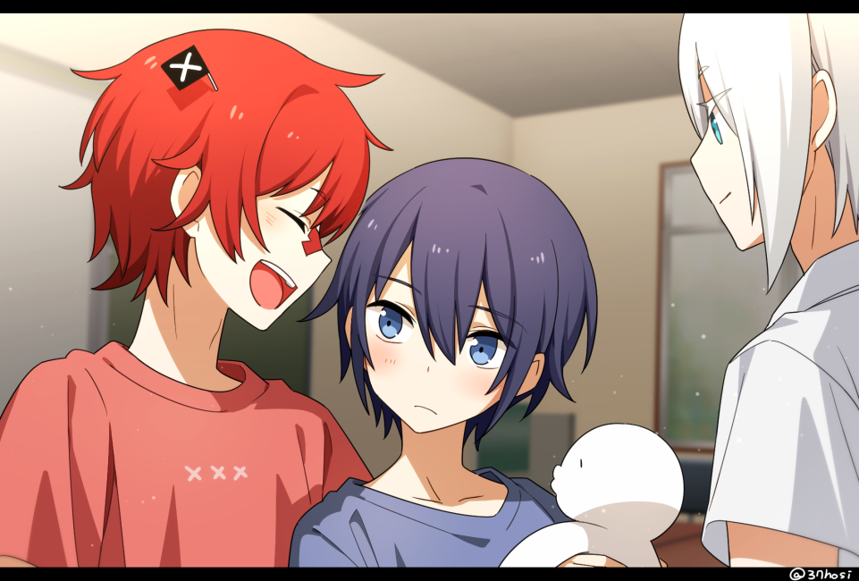 3boys, aqua_eyes, bandaid, bandaid_on_nose, blue_eyes, blue_hair, blue_shirt, closed_eyes