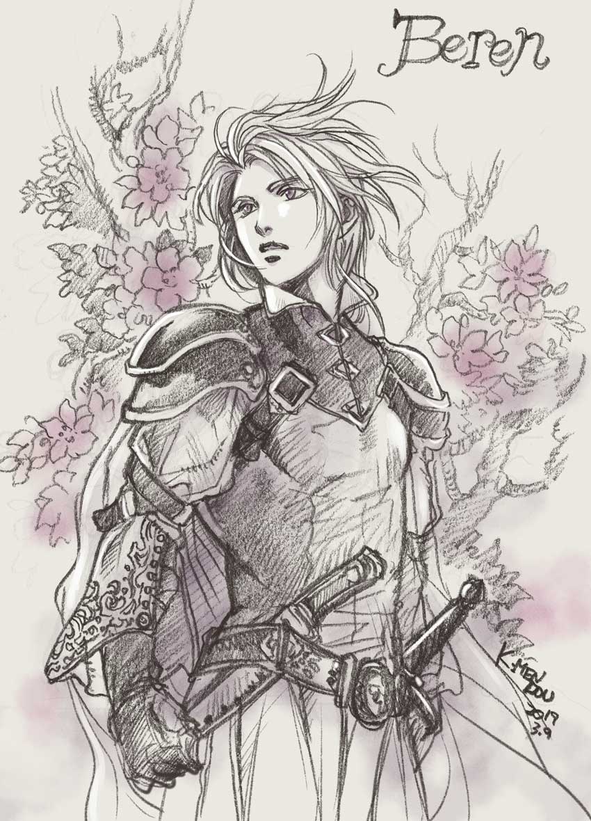1boy, armor, belt, beren, character_name, clenched_hands, commentary_request, dagger