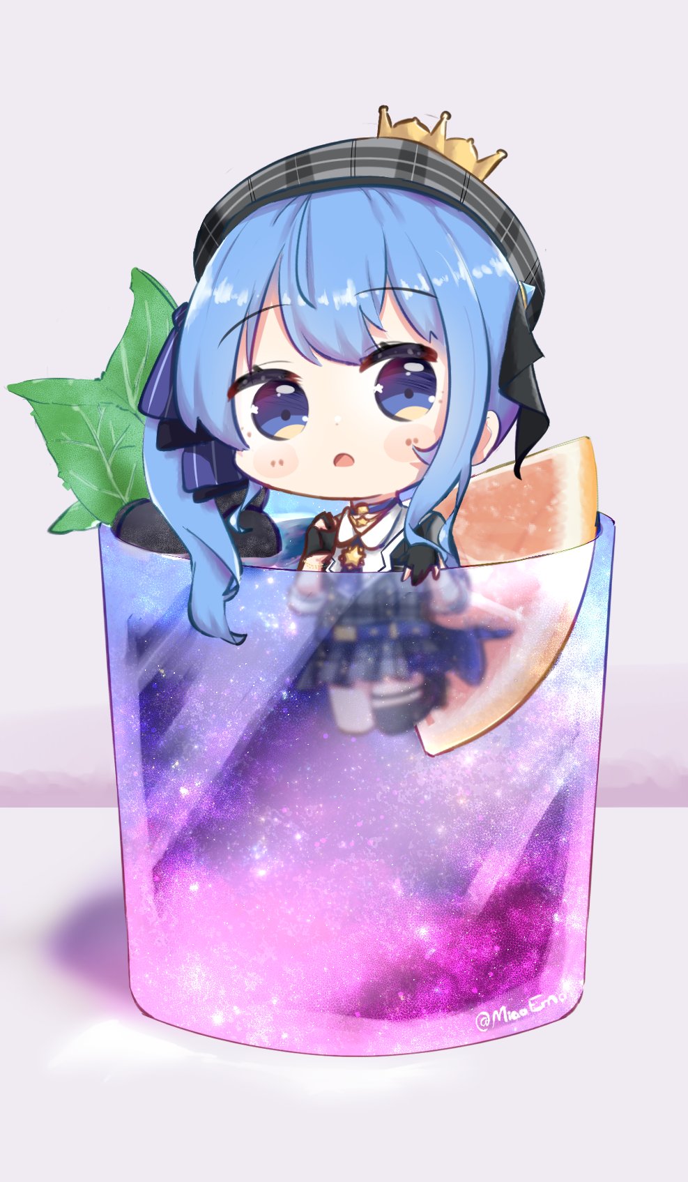 1girl, :o, beret, black_gloves, blue_hair, blurry, chibi, cup