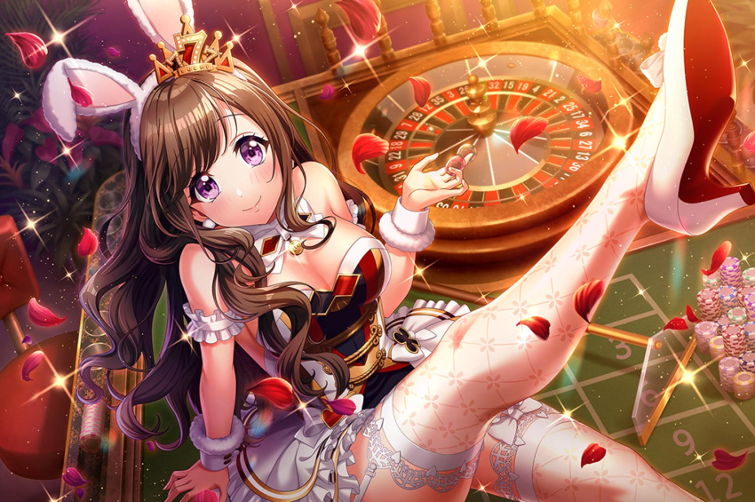 blush, brown_hair, bunnysuit, d4dj, long_hair, mizushima_marika, smile, violet_eyes