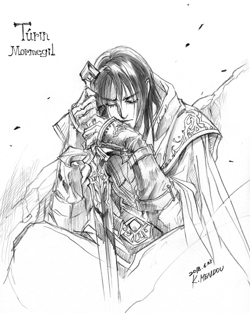 1boy, closed_eyes, closed_mouth, dated, graphite_(medium), greyscale, hands_on_hilt, holding