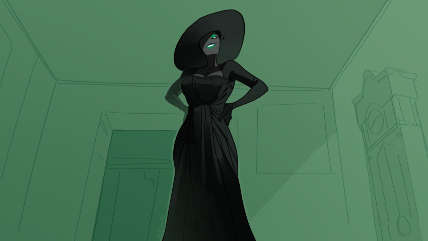 1girl, alcina_dimitrescu, alcina_dimitrescu_(cosplay), artist_name, black_dress, black_headwear, black_skin, colored_skin