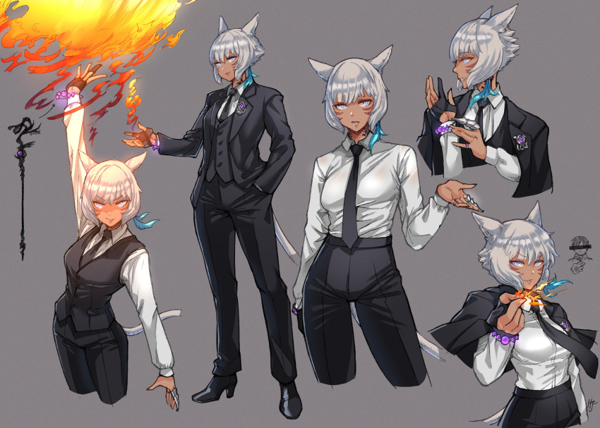 1girl, absurdres, animal_ears, bangs, bracelet, breasts, business_suit, cat_ears, cat_tail, contrapposto, cropped_legs, cropped_torso, dark_skin, dark-skinned_female, eyebrows_visible_through_hair, facial_mark, feathers, final_fantasy, final_fantasy_xiv, fire, formal, gloves, grey_background, grey_eyes, hair_feathers, hand_in_pocket, high_heels, highres, hjz_(artemi), jewelry, medium_breasts, miqo'te, multiple_views, neck_tattoo, necktie, pant_suit, partially_fingerless_gloves, ring, shirt, short_hair, suit, suit_jacket, tail, tattoo, whisker_markings, white_shirt, y'shtola_rhul