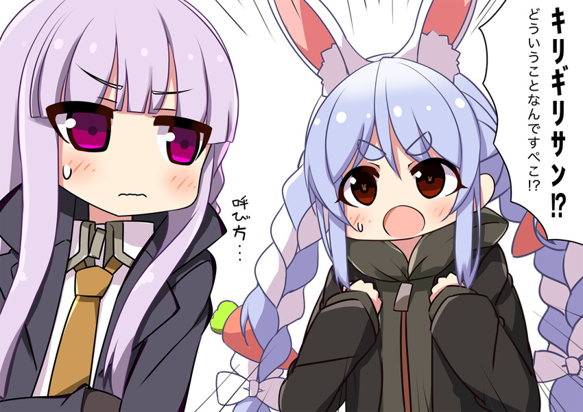 2girls, :o, animal_ear_fluff, animal_ears, bangs, black_gloves, black_jacket, blue_hair