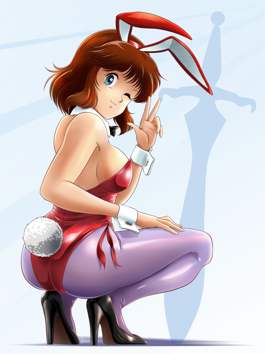 1girl, animal_ears, ass, blue_eyes, bow, bowtie, brown_hair, bunny_tail