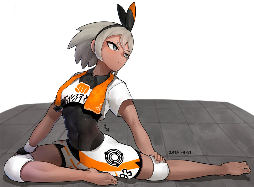 1girl, bangs, barefoot, bea_(pokemon), black_bodysuit, black_hairband, bodysuit, bodysuit_under_clothes