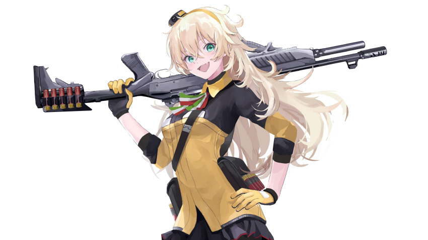 1girl, :d, absurdres, blonde_hair, fabarm_sat-8, fang, girls_frontline, gloves, green_eyes, gun, hair_between_eyes, hairband, hand_on_hip, highres, long_hair, looking_at_viewer, messy_hair, open_mouth, s.a.t.8_(girls_frontline), shotgun, shotgun_shells, smile, solo, tepqei, weapon, white_background