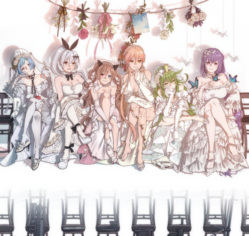 6+girls, blonde_hair, blue_hair, blush, calico_m950, dress, five-seven_(girls_frontline), five-seven_(gun)