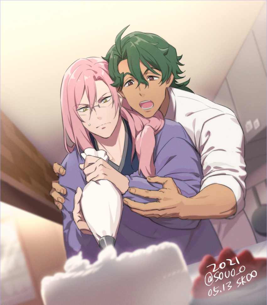 2boys, :d, ahoge, artist_name, blurry, blurry_foreground, brown_eyes, cake