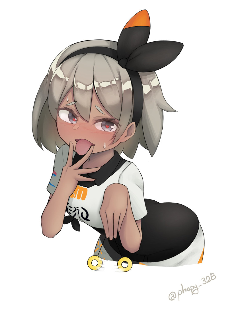 1girl, artist_name, bangs, bea_(pokemon), black_bodysuit, black_hairband, blush, bodysuit
