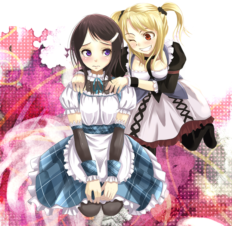 blonde_hair, blue_hair, breasts, cyneria, detached_sleeves, dress, face, freckles, hair_bobbles, hair_ornament, hairclip, idolmaster, latex, mizutani_eri, multiple_girls, nira_(vira), pantyhose, plaid, purple_eyes, red_eyes, short_hair, short_sleeves, suzuki_ayane, tartan, violet_eyes, wink, wristband