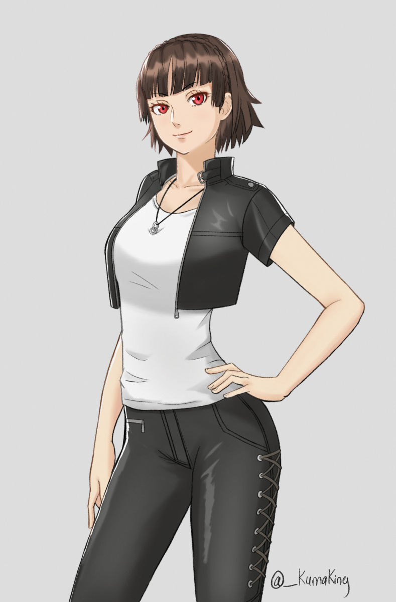 1girl, bangs, black_jacket, black_legwear, blunt_bangs, braided_hairband, brown_hair, collar