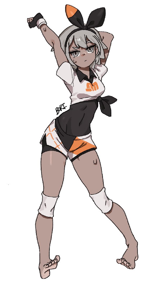1girl, bangs, barefoot, bea_(pokemon), black_bodysuit, black_hairband, bodysuit, bodysuit_under_clothes