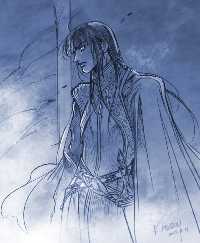 1boy, belt, blue_theme, cape, cowboy_shot, dated, kazuki-mendou, long_hair, maeglin, male_focus, monochrome, parted_lips, pointy_ears, signature, silmarillion, solo, sword, weapon