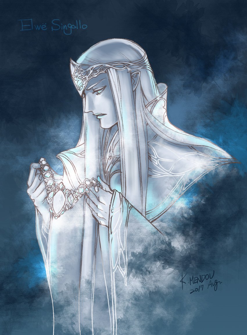 1boy, blue_eyes, blue_theme, character_name, closed_mouth, crown, dated, elwe, holding, holding_jewelry, holding_necklace, jewelry, kazuki-mendou, long_hair, male_focus, monochrome, necklace, one-hour_drawing_challenge, pointy_ears, signature, silmarillion, solo, upper_body