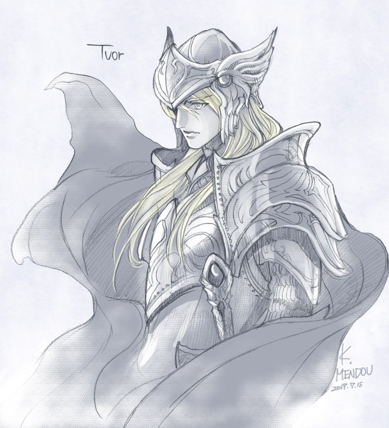 1boy, armor, blonde_hair, breastplate, cape, closed_mouth, dated, floating_cape, full_armor, helmet, kazuki-mendou, long_hair, male_focus, one-hour_drawing_challenge, pauldrons, shoulder_armor, signature, silmarillion, solo, spot_color, tuor, winged_helmet