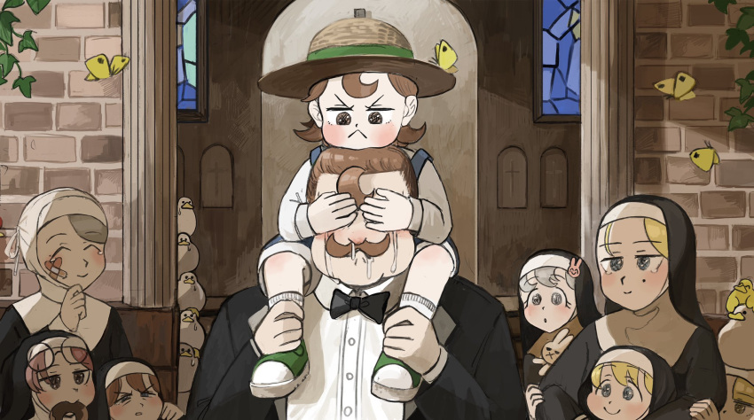 1boy, 6+girls, :<, ^_^, animal, animal_on_head, animal_tower, bandaid