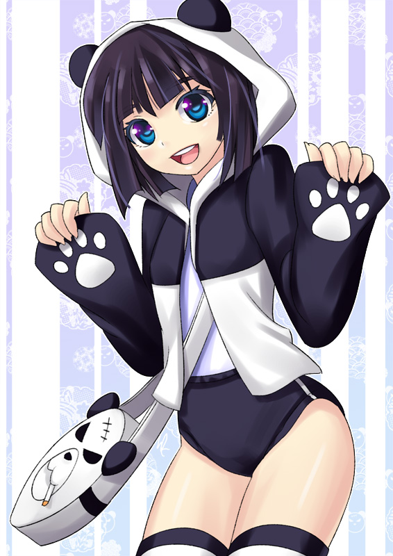 bag, black_hair, blue_eyes, buruma, flat_chest, girl, hood, kaizeru