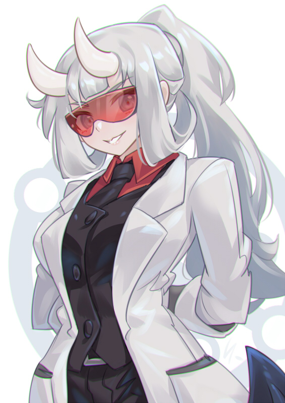1girl, arms_behind_back, bangs, black_neckwear, black_pants, black_vest, breasts, coat