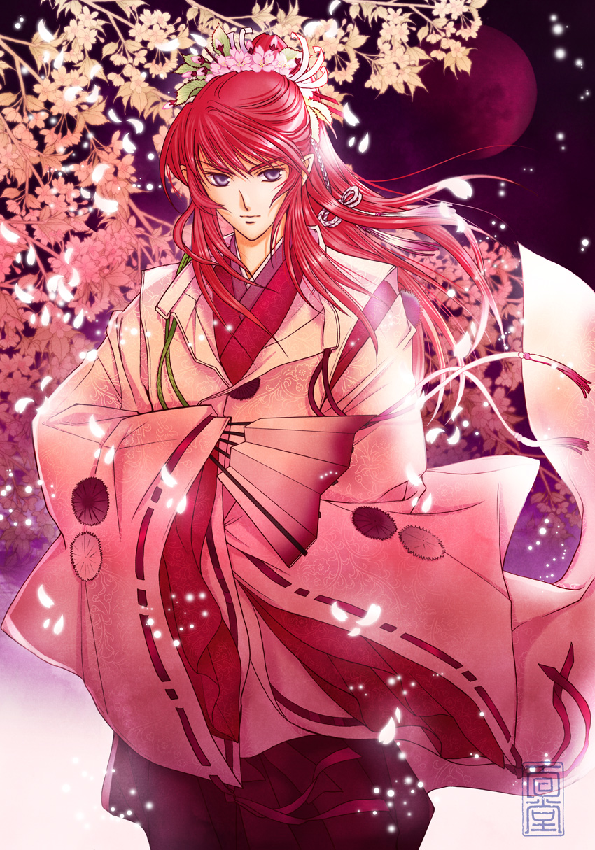 1boy, cherry_blossoms, closed_mouth, cowboy_shot, fan, floating_hair, flower, folding_fan