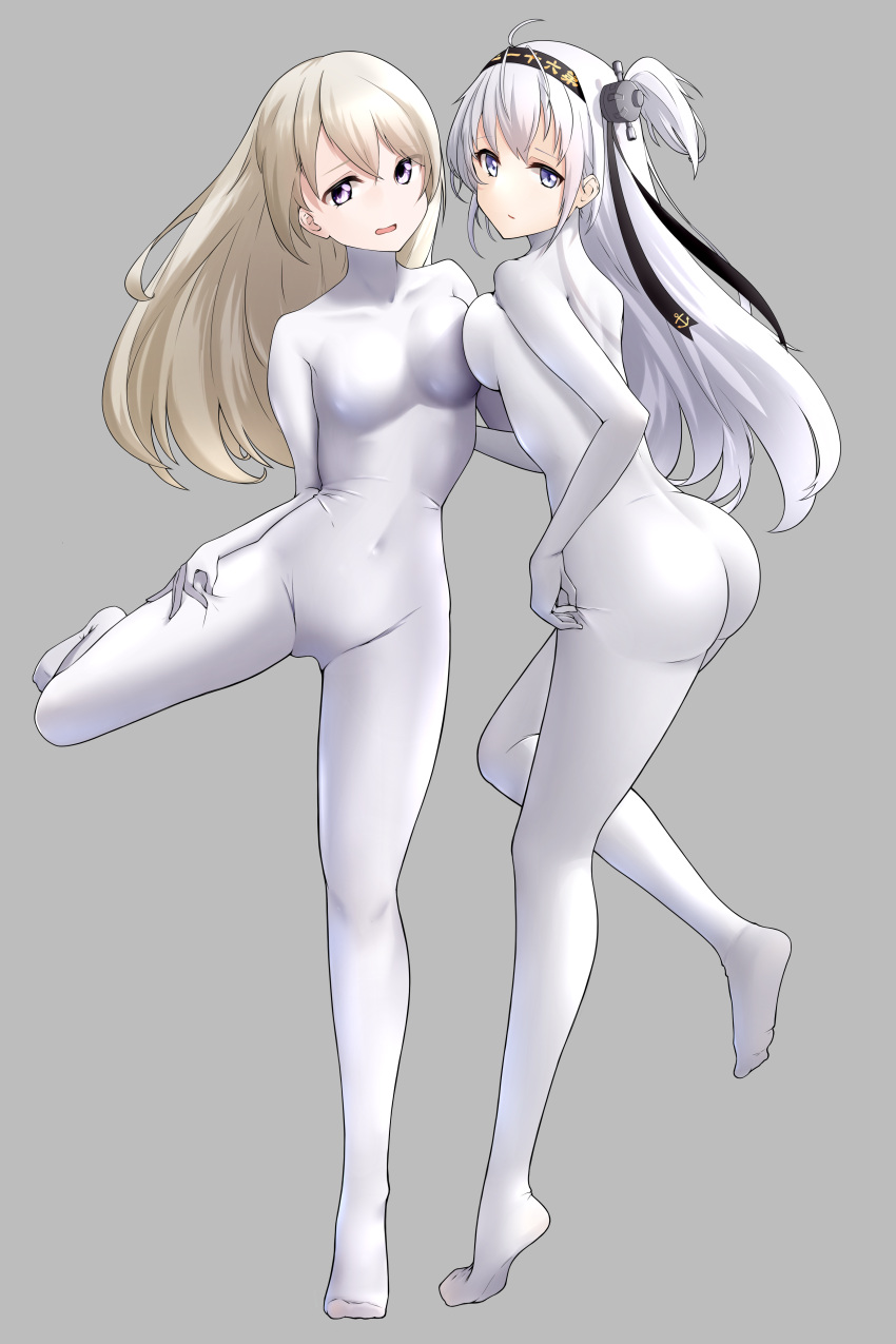 absurdres, blonde_hair, blue_eyes, bodystocking, bodysuit, collarbone, commentary_request, covered_navel, eila_ilmatar_juutilainen, grey_background, hairband, hand_on_hip, highres, j.c.14, kantai_collection, looking_at_viewer, skin_tight, strike_witches, suzutsuki_(kancolle), tiptoes, violet_eyes, white_bodysuit, white_hair, world_witches_series, zentai