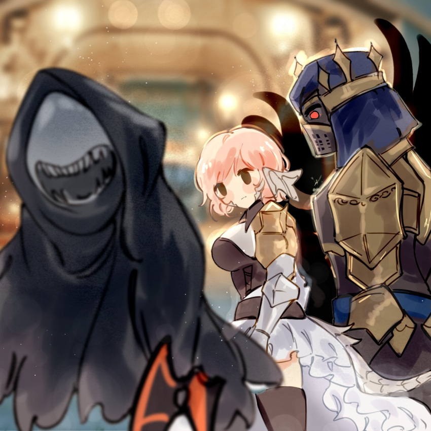 1boy, 1girl, 1other, armor, armored_dress, au_ra, blurry, blurry_background