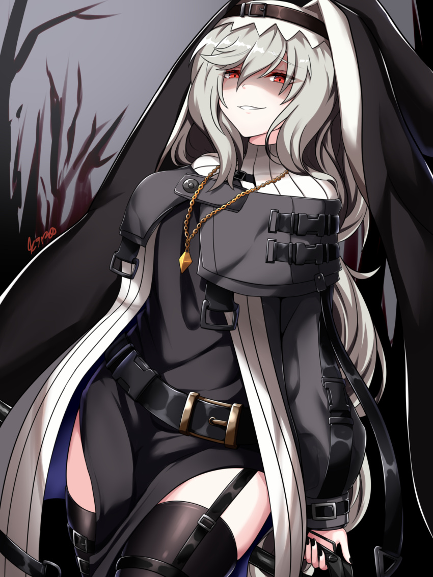 1girl, arknights, bangs, black_headwear, black_legwear, black_nails, breasts, capelet, coat, commentary, cowboy_shot, english_commentary, garter_straps, grey_background, grey_capelet, grey_coat, grey_hair, habit, hair_between_eyes, highres, holding, holding_weapon, jewelry, kimofest, long_hair, looking_at_viewer, mixed-language_commentary, nail_polish, necklace, nun, off_shoulder, open_clothes, open_coat, parted_lips, pelvic_curtain, red_eyes, signature, small_breasts, smile, specter_(arknights), thigh-highs, turtleneck, weapon