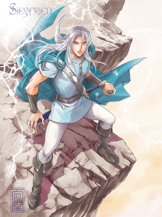 1boy, belt, blue_cape, boots, brown_footwear, cape, character_name, cliff