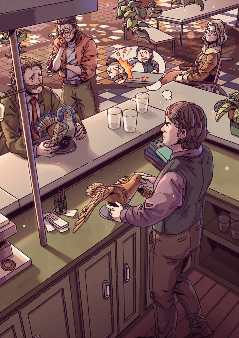 1girl, 3boys, angry, bar, belt, bench, bird, black_hair, blazer, blonde_hair, blush, bomber_jacket, book, brown_hair, cup, disco_elysium, face_punch, facial_hair, fingerless_gloves, fur-trimmed_jacket, fur_collar, fur_trim, garte, giving, glasses, gloves, hair_slicked_back, hand_on_own_face, harry_du_bois, holding, imagining, in_the_face, indoors, jacket, kim_kitsuragi, lena_(disco_elysium), male_focus, medium_hair, multiple_boys, necktie, nose_blush, pants, paper, pen, plant, punching, purple_shirt, round_eyewear, sanatorium_industries, shirt, shoes, short_hair, sitting, smile, standing, stubble, sweatdrop, table, taxidermy, tile_floor, tiles, vest, wheelchair, white_shirt, x_x